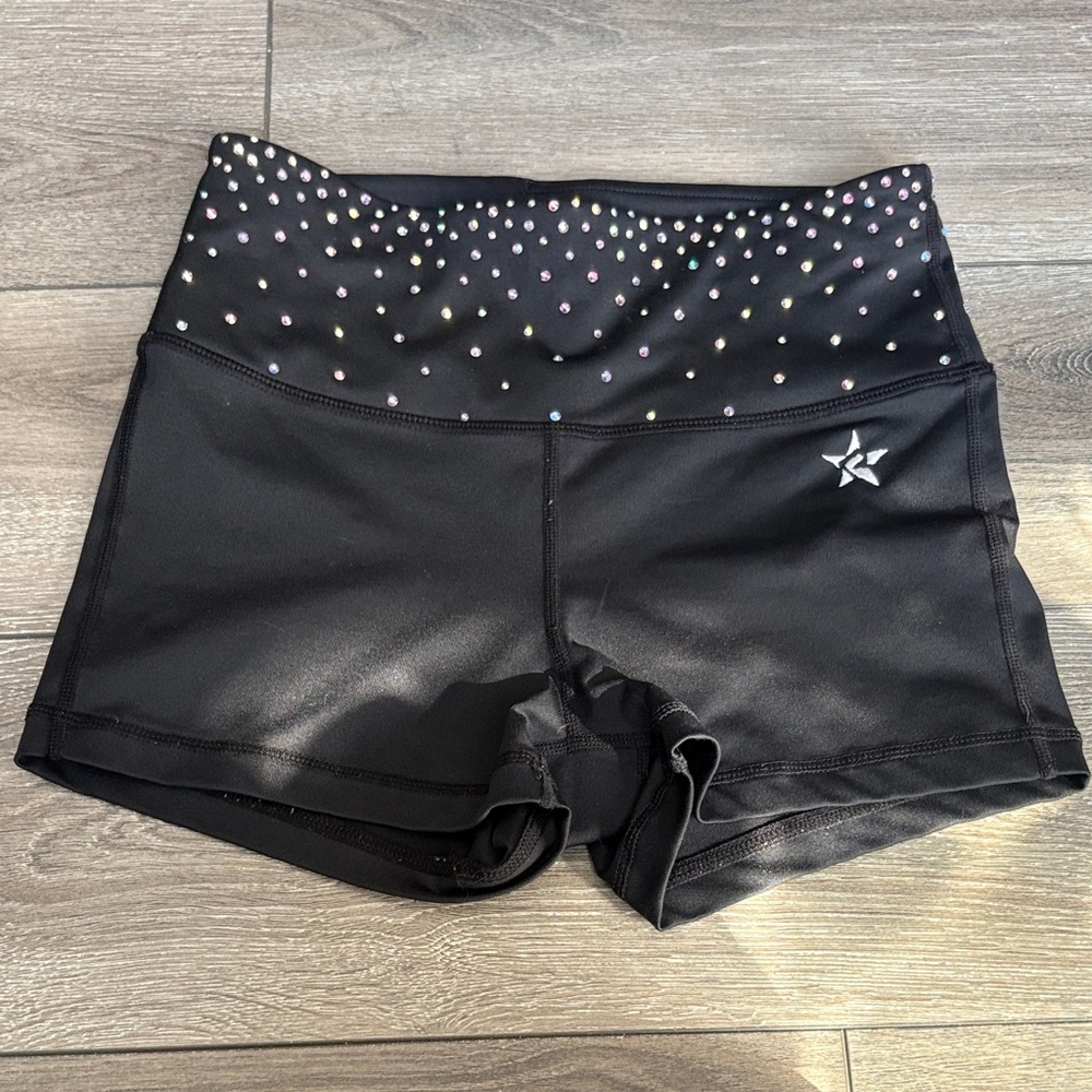 Black High-Waist Dance and Cheer Shorts with Rhinestone Detail